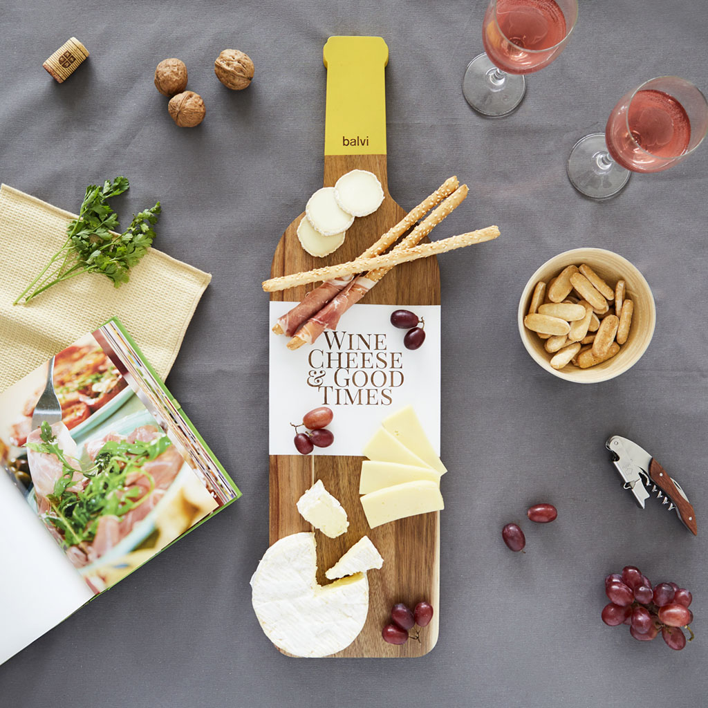 Wooden cheese tray Wine bottle